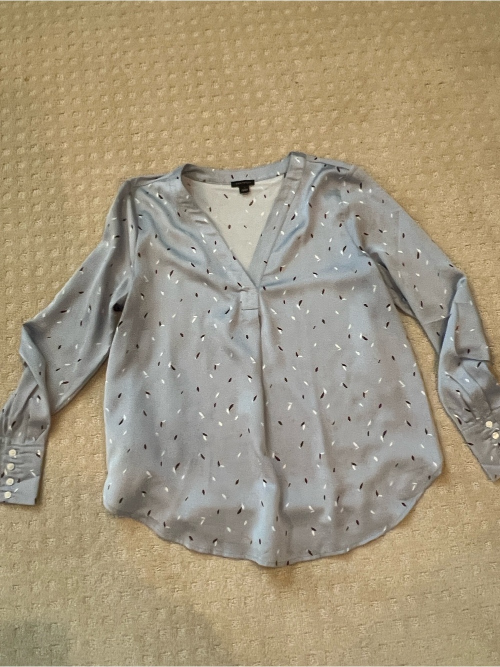 Ann Taylor Light Blue V-Neck Printed Long Sleeve Blouse